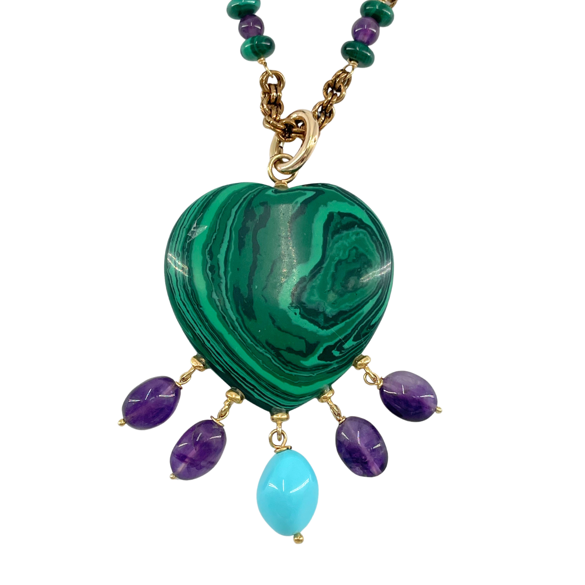 Close Up of Grazia & Marica Vozza Chain & Heart Charm in Malachite with Dangle
