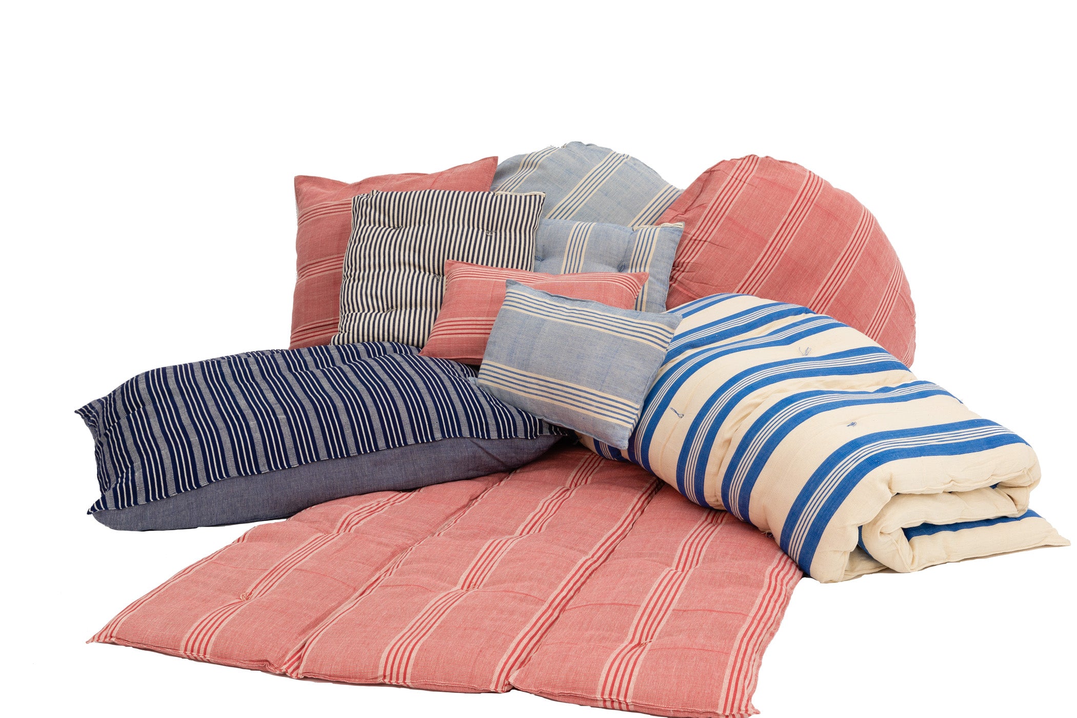 Tensira Kapok Mattresses and Pillows on Floor - Blue + Red