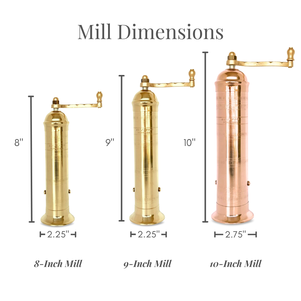 Original Greek Pepper Size Comparison Chart for 8-Inch, 9-Inch, and 10-Inch Mills