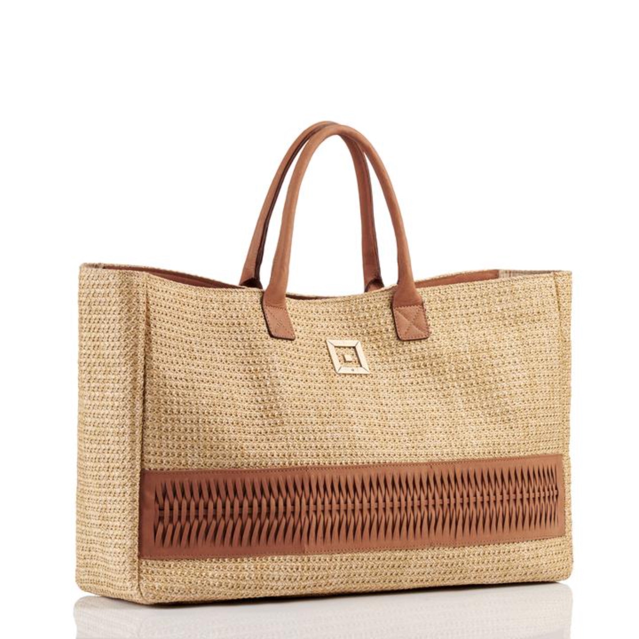 Themis Z handmade straw beach bag with hand weaved leather and metal infinity design.