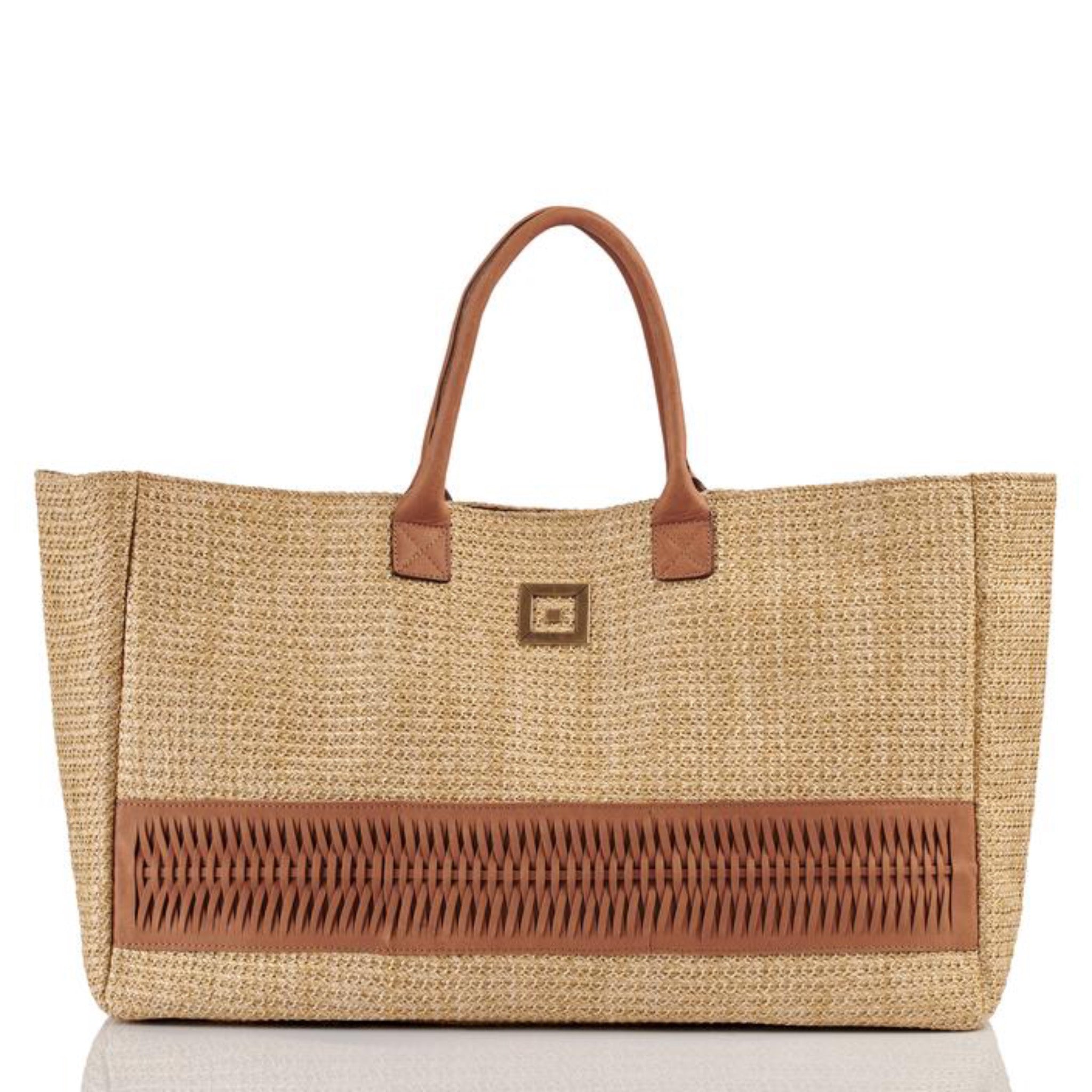 Themis Z handmade straw beach bag with hand weaved leather and metal infinity design.