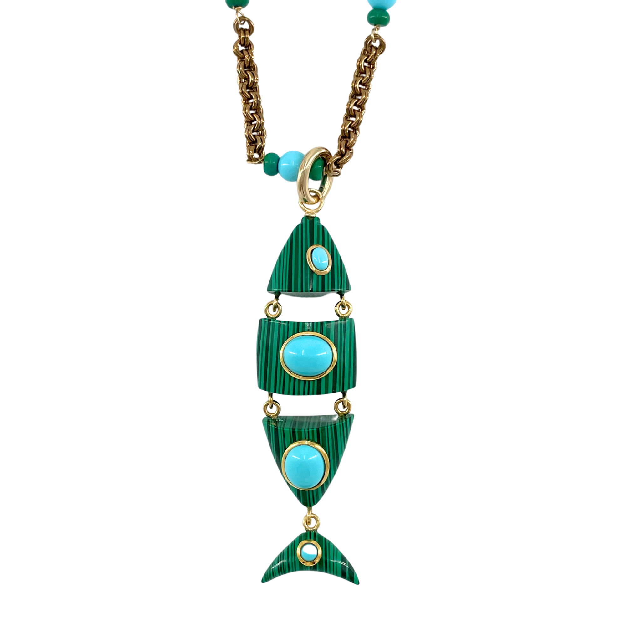 Close up of Grazia and Marica Vozza Chain and Fish Charm in Malachite