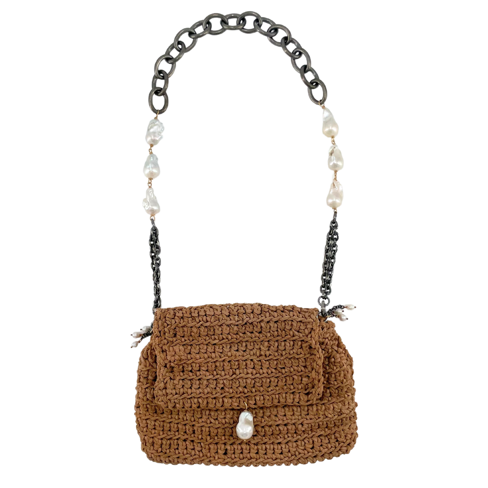 Grazia & Marica Vozza Jewel Shoulder Bag in Brown with Pearls