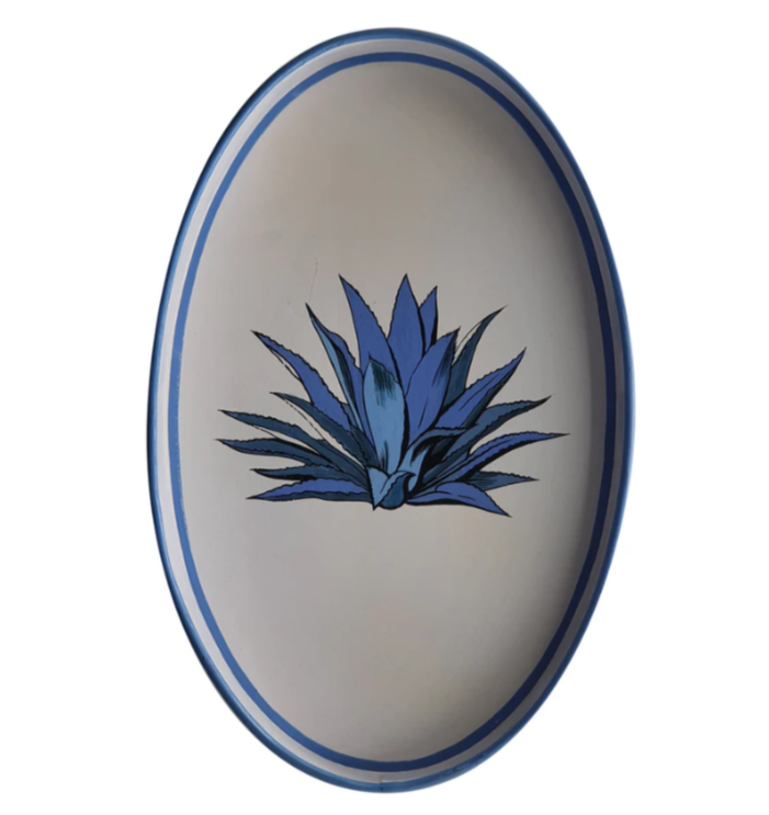 Les Ottomans Hand-painted Iron Tray Blue Succulent