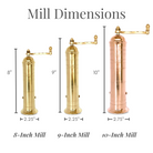 Original Greek Pepper Size Comparison Chart for 8-Inch, 9-Inch, and 10-Inch Mills